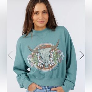 O'Neill Teal Youth Crewneck Sweater with Bull Skull Floral Graphic